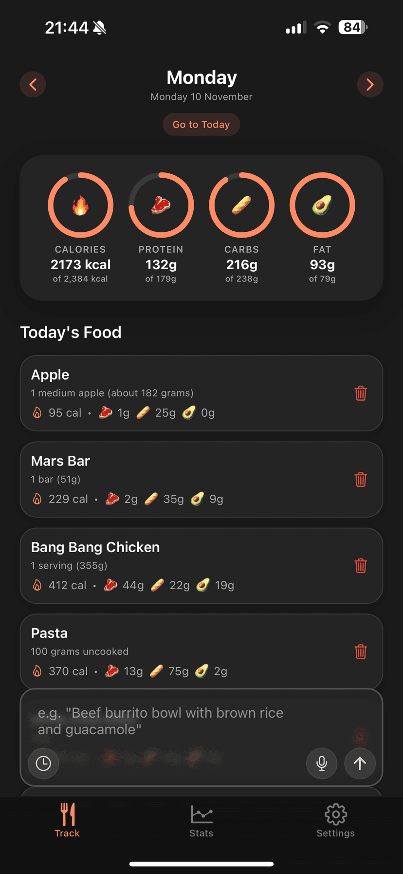 BiteKit meal logging screen with natural language text input