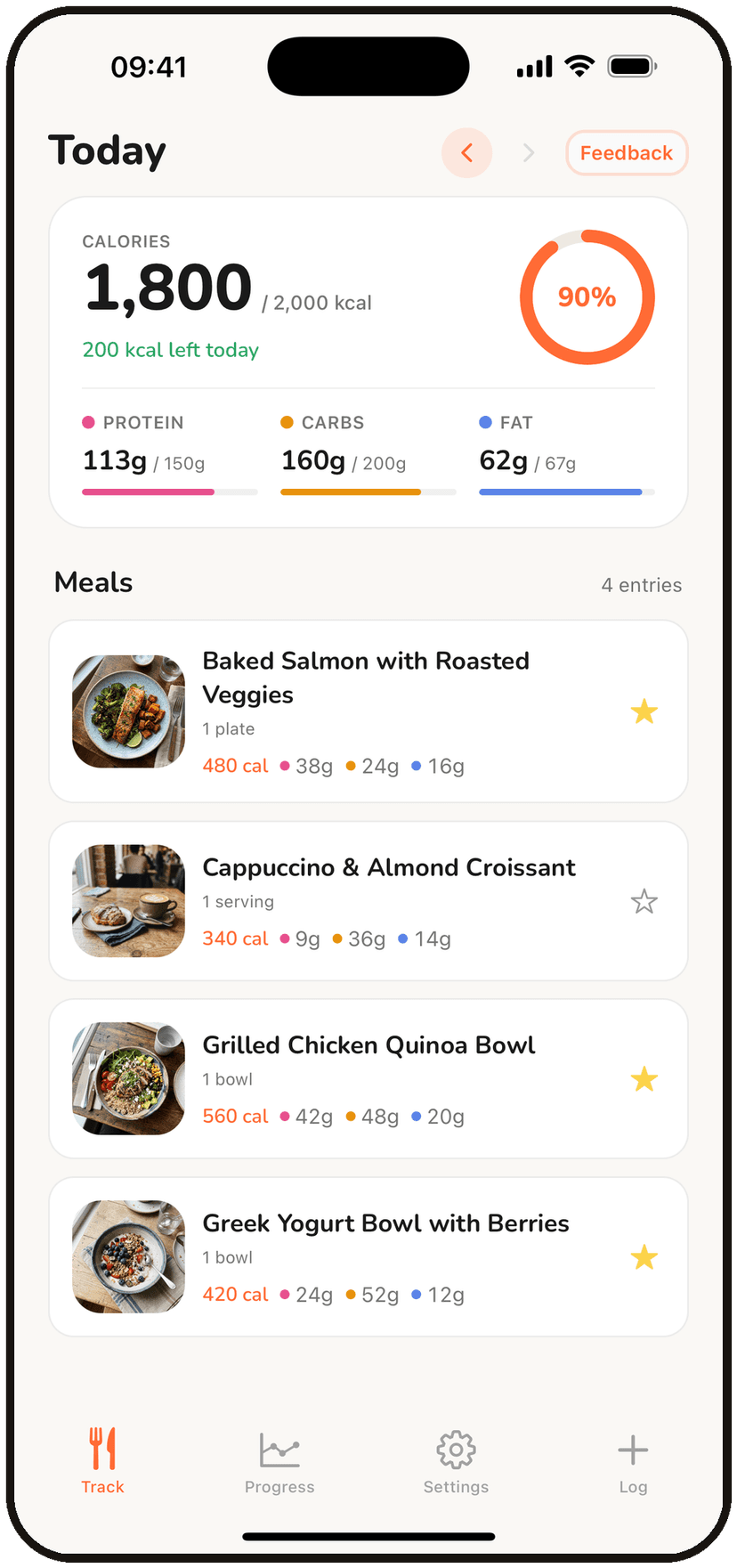 BiteKit home screen showing daily calorie and macro tracking with a progress ring