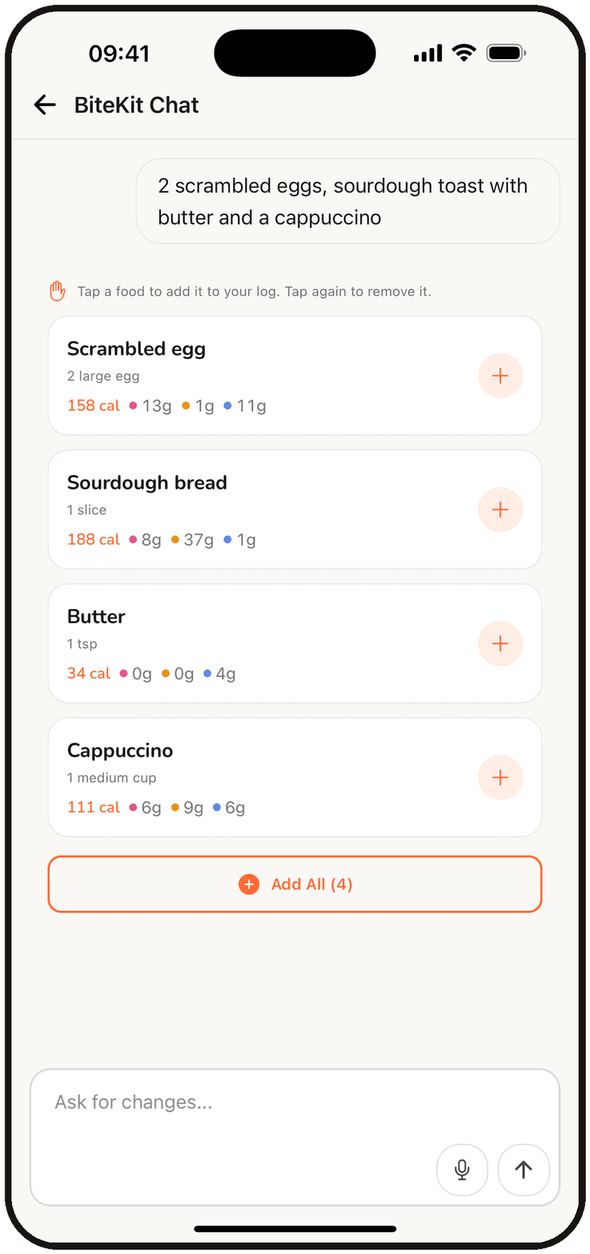 BiteKit chat screen turning a plain-text meal description into calories and macros